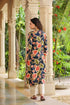 Women Navy Blue Floral Printed Mandarin Collar Pure Cotton Straight Kurta